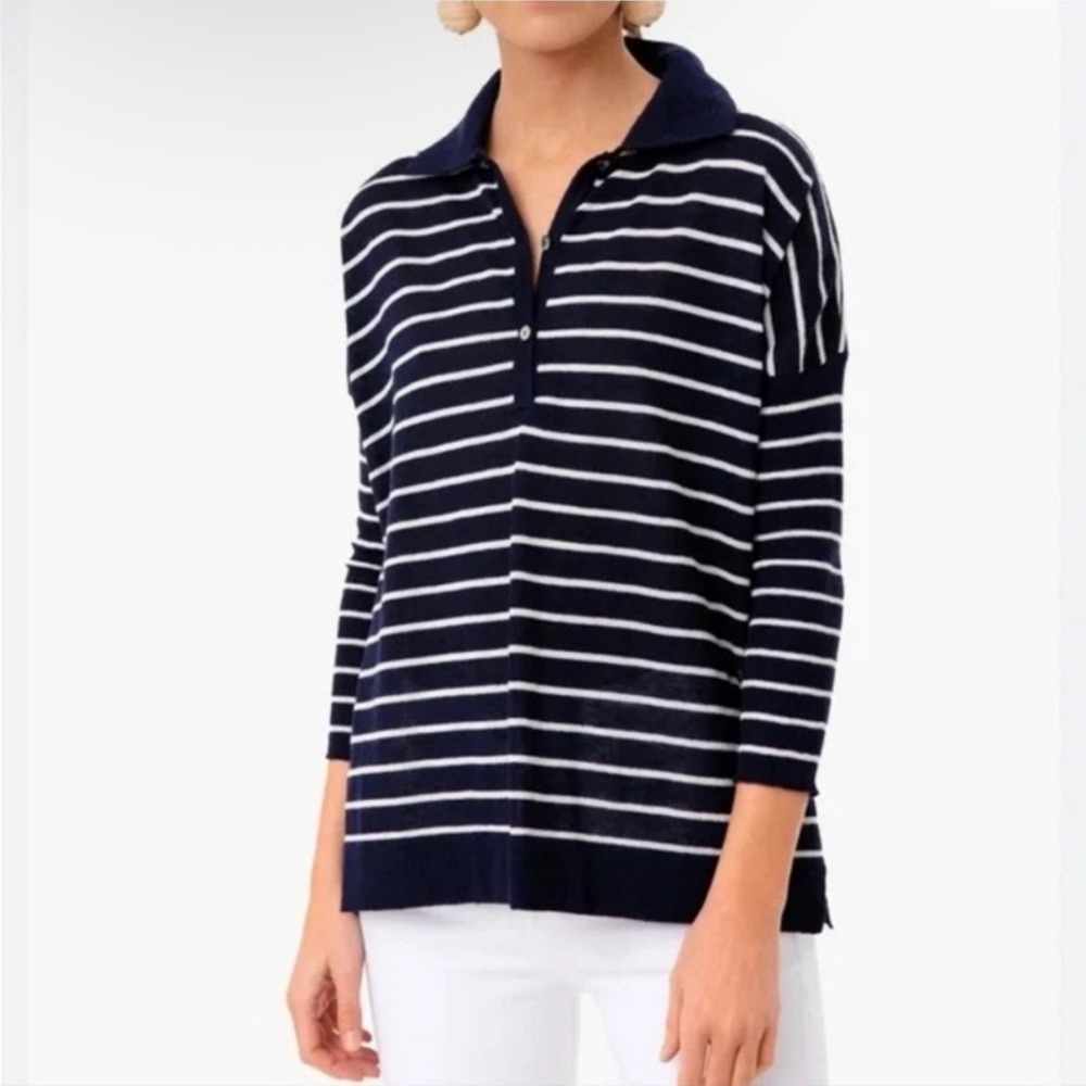 Tuckernuck Clayton Knit Polo XS S Navy White Striped Sweater Linen Nautical